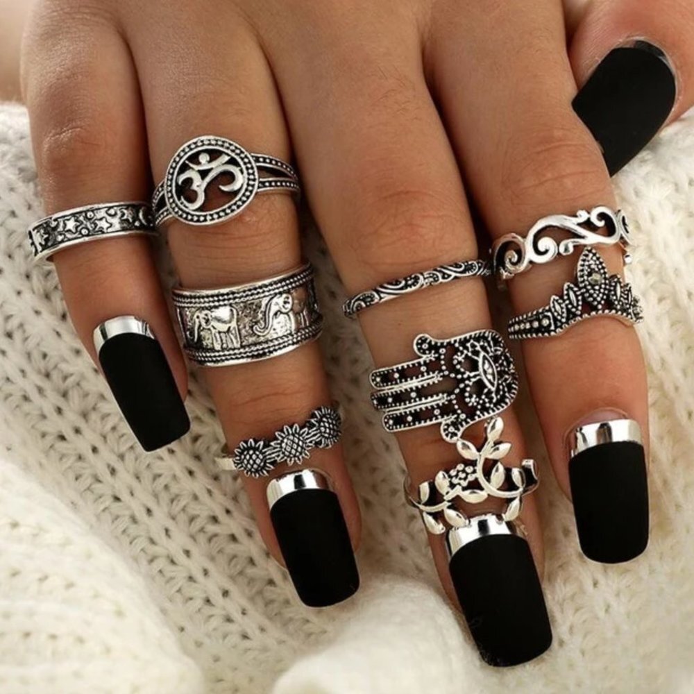 9 Pack Boho Silver‎ Lotus Hamsa Filigree Stackable Ring Set Bohemian Yoga